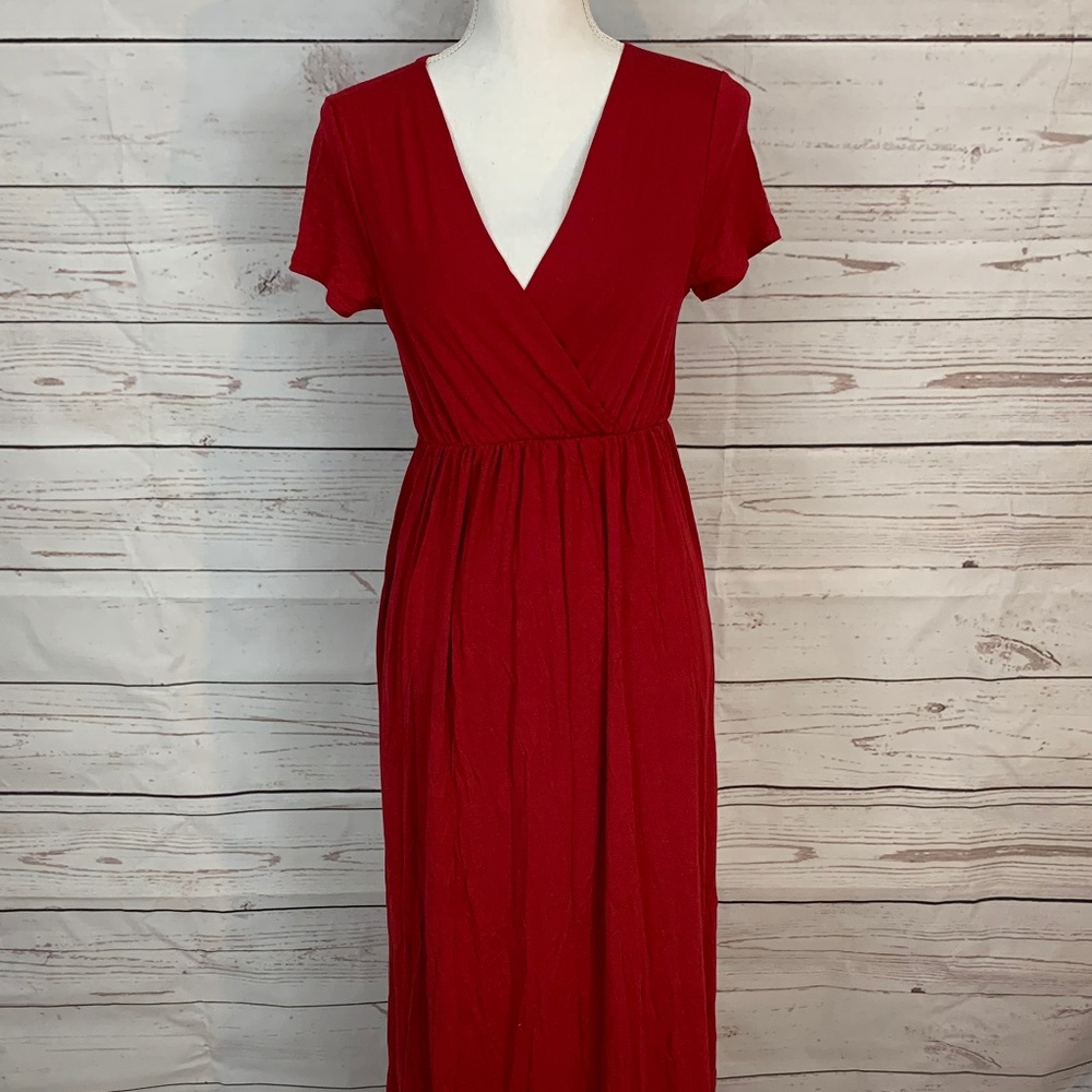 Women's Short Sleeve Ruched Wrap Dress - Red